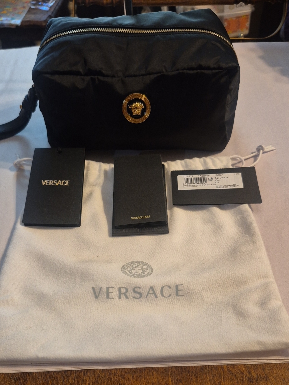 Versace Black Nylon Men's Toiletry Pouch with Gold Medusa Emblem